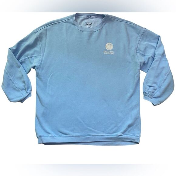 Aerie Light Blue Cotton Blend Oversized Smiley Academy Long Sleeve Sweatshirt - Picture 3 of 10